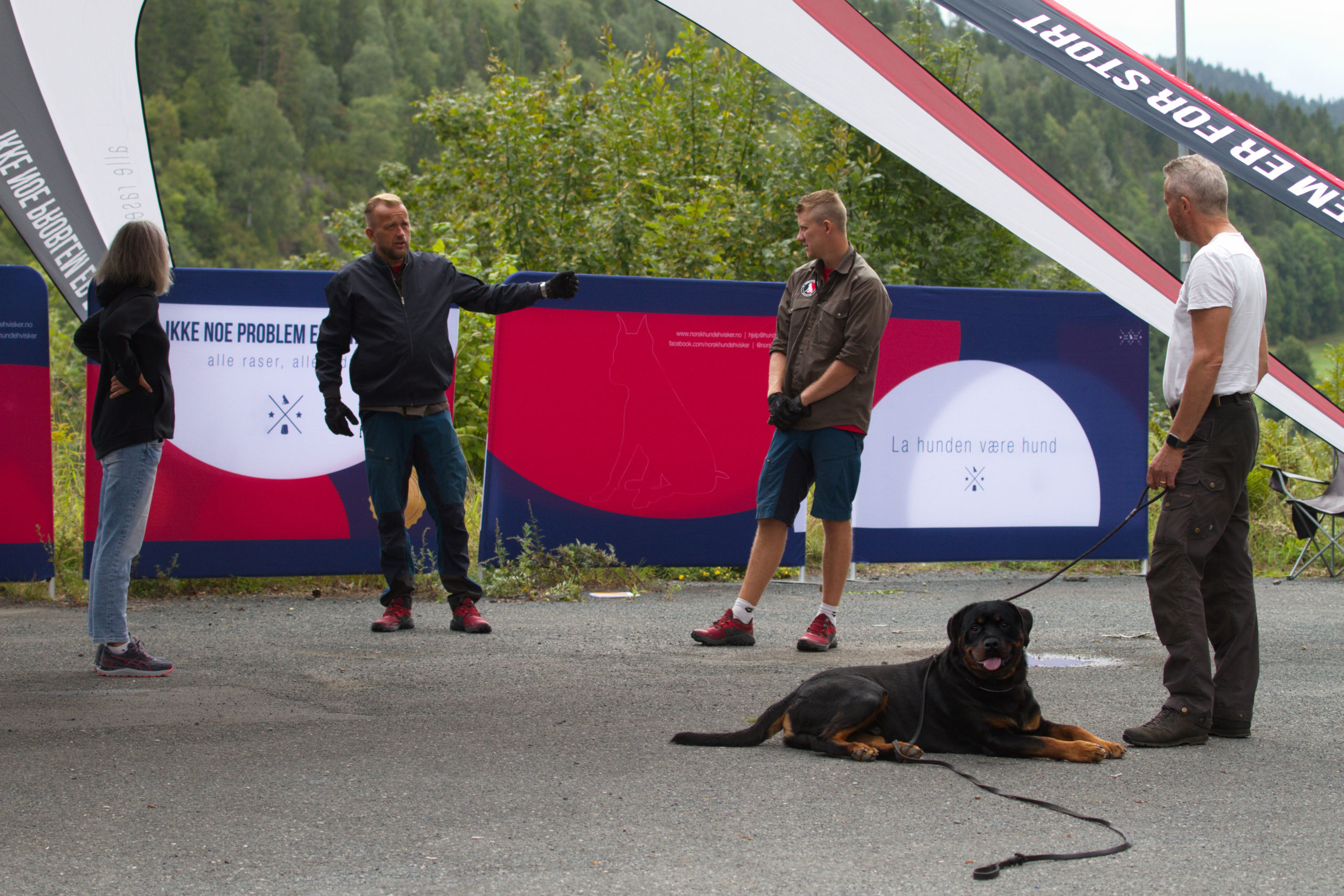Instruktører og hundeeiere i samtale foran Norsk Hundehvisker-banner, med en rolig rottweiler liggende i bånd