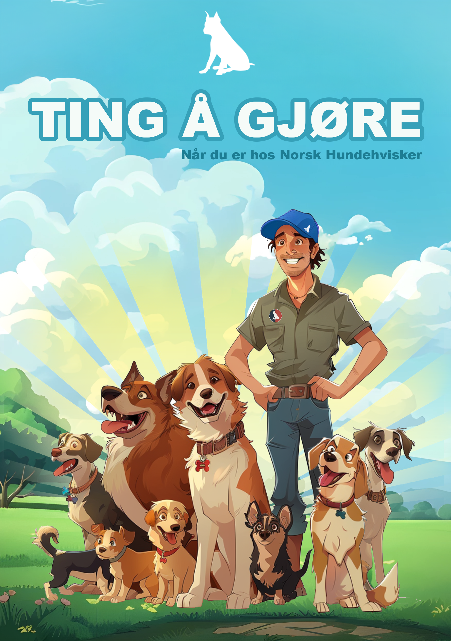 Forsiden av barneboken fra Norsk Hundehvisker med tegnet hundetrener og flere glade hunder i solfylt landskap