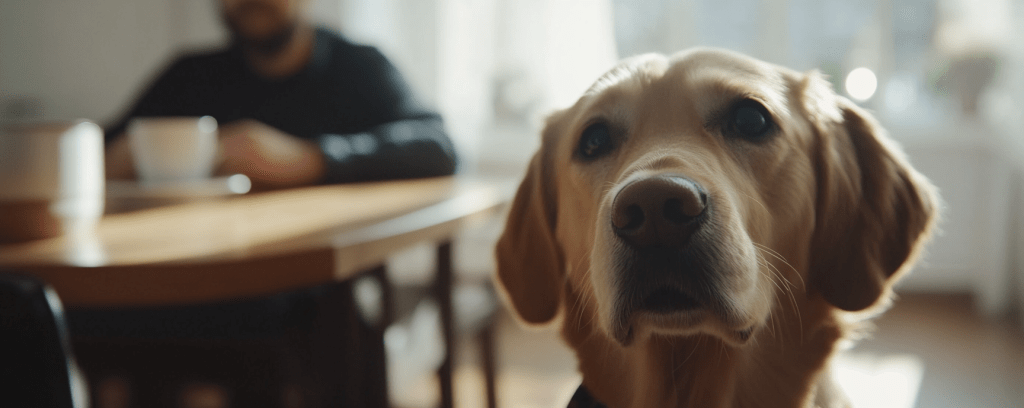 En lys labrador med avslappet uttrykk ser rett inn i kameraet.