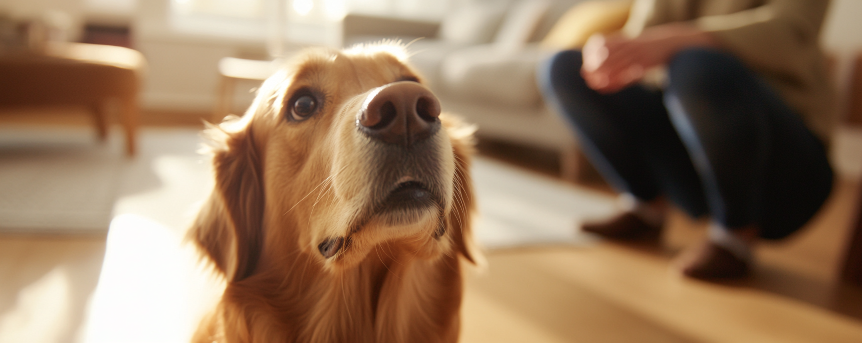 En hund sitter i sofaen og ser opp mot eieren som peker med fingeren.