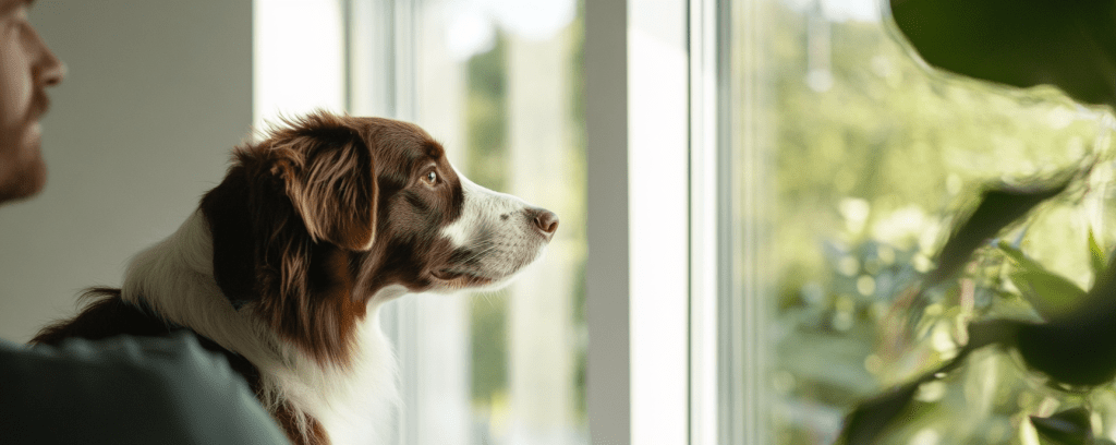 En hund stirrer ut av et stort vindu, tydelig fokusert på noe utenfor.