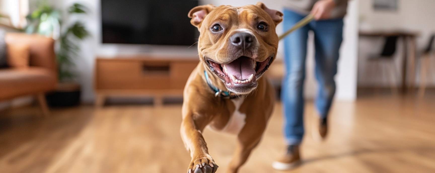 En glad, brun hund hopper i gangen med en person i bakgrunnen.